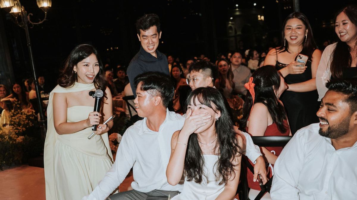 Playful moment with guests at an evening celebration